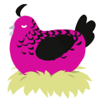 A fuchsia and black chicken with a half-lace pattern