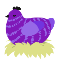 A violet and blurple chicken with a bar pattern