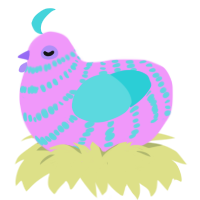 gummybearbeeswarmsim, a lavender and aqua chicken with a bar pattern