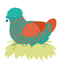 A turquoise and vermilion chicken with a lace pattern
