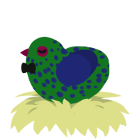 bothermelon, a leaf and navy chicken with a speckle pattern