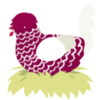A maroon and white chicken with a lace pattern