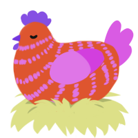 A vermilion and orchid chicken with a bar pattern