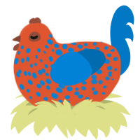 Goldfish, a vermilion and sapphire chicken with a speckle pattern