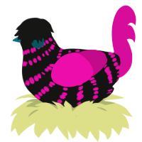 A black and fuchsia chicken with a bar pattern