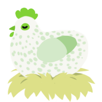 A white and gluppy chicken with a speckle pattern