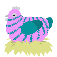 A lavender and teal chicken with a bar pattern