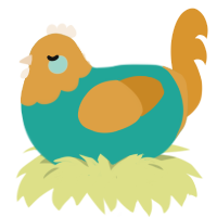 A turquoise and orange chicken with a head pattern