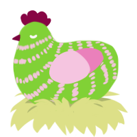 A grass and pink chicken with a bar pattern