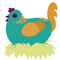 Imaginary Immigrant, a turquoise and orange chicken with a neck-speckle pattern