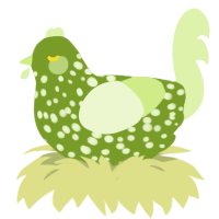 A chartreuse and apple chicken with a speckle pattern