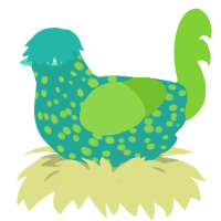 Alien ZW, a turquoise and grass chicken with a speckle pattern