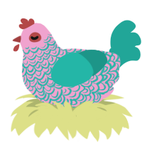 A pink and turquoise chicken with a double-lace pattern