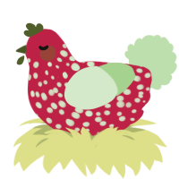 A crimson and gluppy chicken with a speckle pattern