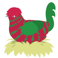 A crimson and viridian chicken with a bar pattern