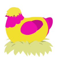 A yellow and fuchsia chicken with a head pattern