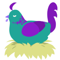 A turquoise and violet chicken with a neck-speckle pattern