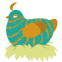 A turquoise and ochre chicken with a bar pattern
