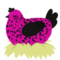 A fuchsia and black chicken with a speckle pattern