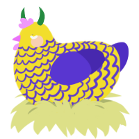 A yellow and indigo chicken with a lace pattern
