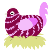A maroon and lavender chicken with a bar pattern