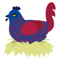 A ultramarine and crimson chicken with a double-lace pattern