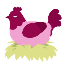 A pink and maroon chicken with a head pattern