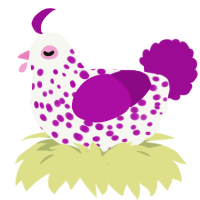 A white and plum chicken with a speckle pattern