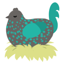 Dense Crystal, a grey and turquoise chicken with a speckle pattern