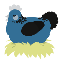 A sapphire and black chicken with a neck-speckle pattern