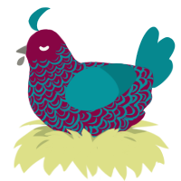 A maroon and teal chicken with a double-lace pattern