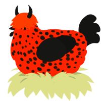 A vermilion and black chicken with a speckle pattern