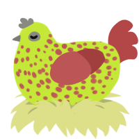 A lime and red chicken with a speckle pattern