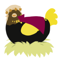 The Heirophant, a black and yellow chicken with a neck-speckle pattern