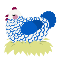 A white and ultramarine chicken with a lace pattern
