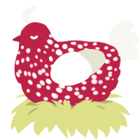 Shroom, a crimson and white chicken with a speckle pattern