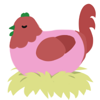 Flora, a pink and red chicken with a head pattern