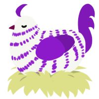 Glutton, a white and violet chicken with a bar pattern
