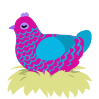 A fuchsia and cerulean chicken with a lace pattern