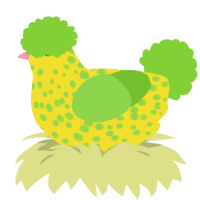 Pom Pom, a yellow and grass chicken with a speckle pattern