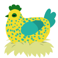 SpongeBob, a yellow and turquoise chicken with a speckle pattern
