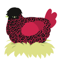 Edgelord, a black and crimson chicken with a double-lace pattern