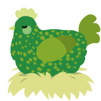 A viridian and chartreuse chicken with a speckle pattern