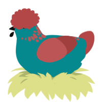A teal and red chicken with a neck-speckle pattern