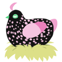 gaze into my eye, a black and pink chicken with a speckle pattern