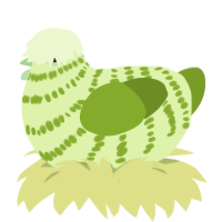 alien apple, a apple and chartreuse chicken with a bar pattern