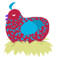 A crimson and cerulean chicken with a speckle pattern
