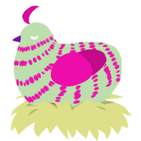 Guh, a gluppy and fuchsia chicken with a bar pattern