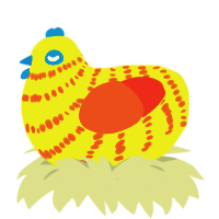 Upside Down, a yellow and vermilion chicken with a bar pattern