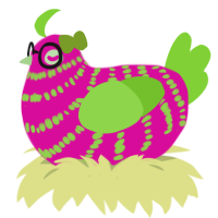 A fuchsia and grass chicken with a bar pattern